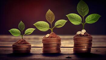 a row of stacks of coins with a plant growing out of them. Tree leaf on save money coins, Business finance saving banking investment concept photo