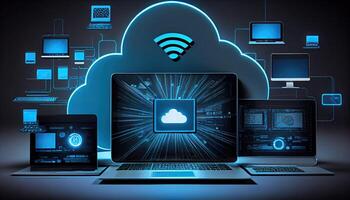 nube tecnología informática dispositivos conectado a digital almacenamiento en el datos centrar vía el Internet iot inteligente hogar comunicación ordenador portátil tableta teléfono dispositivos empresario utilizando tecnología generado ai foto