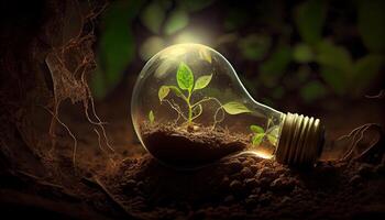 verde energía y un brillante futuro un ligero bulbo en suelo generado ai foto