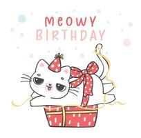 Cute funny playful white kitten cat laying down on present box, meowy birthday cheerful pet animal cartoon doodle character drawing vector