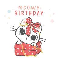Cute funny playful white kitten cat suprised in present box, meowy birthday cheerful pet animal cartoon doodle character drawing vector