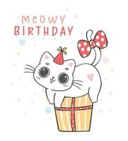 Cute funny playful white kitten cat on present box, meowy birthday cheerful pet animal cartoon doodle character drawing vector