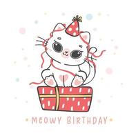 Cute adorable playful kitten cat sit on present box, meowy birthday cheerful pet animal cartoon doodle character drawing vector