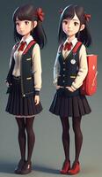 3D cartoon of cute Japanese women wearing school clothes fullbody,cartoon cute and innocent japanese school girl, photo