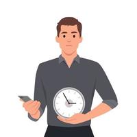 Young man holding phone and clock time, showing how much time you spent on your smart phone. Sad and angry emotions vector