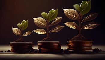 a row of stacks of coins with a plant growing out of them. Tree leaf on save money coins, Business finance saving banking investment concept photo