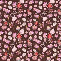 Watercolor seamless pattern with hand drawn traditional Japanese sweets. Wagashi, mochi, sakura blossom. Isolated on white background. Invitations, restaurant menu, greeting cards, print, textile vector