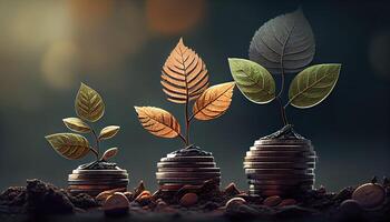 a row of stacks of coins with a plant growing out of them. Tree leaf on save money coins, Business finance saving banking investment concept photo
