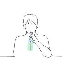 man drinking from a bottle through a straw - one line drawing vector