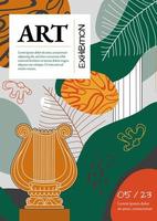 Creative flyer or poster concepts with abstract geometric shapes, ancient pillar, amphora on green background. Roman and Greek vector illustration. Art posters for the exhibition,  magazine or cover