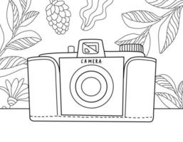 Coloring page for kids and adults. Hand drawn vintage objects collection. Photo camera and wild nature, sun, sea view. Beautiful drawing with patterns and small details. Coloring book picture vector