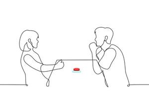 man and woman are sitting at table opposite each other, in center of table there is large red button - one line drawing vector. concept game, reality show about dates, psychological experiment vector