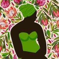 Silhouette of african woman in green turban and dress on exotic floral background. vector