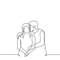 man kissing a woman on the head while sitting next to her and hugging her - one line drawing vector. heterosexual couple in love concept vector