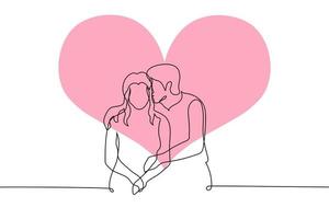 man kissing a woman on the head while sitting next to her and hugging her on the background of a big red pink heart - one line drawing vector. date concept, valentine's day vector