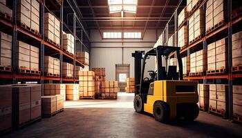 Forklift loads pallets and boxes in warehouse photo