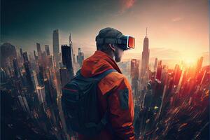 Metaverse concept and virtual world elements. virtual reality headset photo