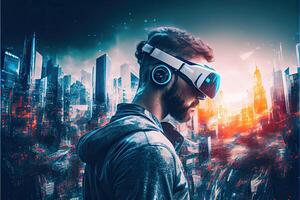 Metaverse concept and virtual world elements. virtual reality headset photo