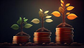 a row of stacks of coins with a plant growing out of them. Tree leaf on save money coins, Business finance saving banking investment concept photo