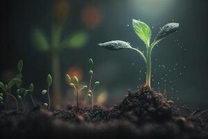 A scene of farming and plant growth is set against a green, blurry backdrop. photo