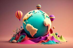 3d colorful globe map with hot air balloons isolated on clean background. World Earth day concept. photo