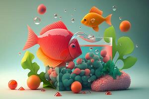 Goldfish in the aquarium. 3D cute ecology transformed. Ecology concept. photo