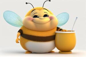 Cute happy fat bee with a pot of honey isolated on white background. photo