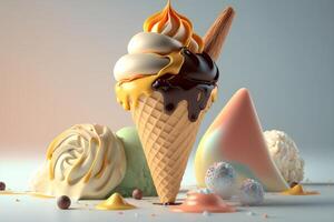 Delicious ice cream cone with chocolate and sweet caramel isolated on a clean background. photo