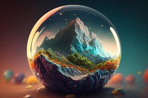 Beautiful colorful mountain landscape in water glass globe. World Earth day concept. photo