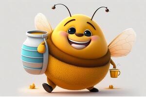 Cute smiling fat bee with a pot of honey isolated on white background. photo