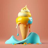 Melting ice cream cone with sweet yellow and blue caramel isolated on a clean background. photo