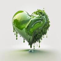 Big bright heart with green paint flowing on clean white background. Earth day concept. photo