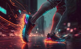 Leggs of a runner in the night city with neon effects. Sport action and human challenge concept. . photo