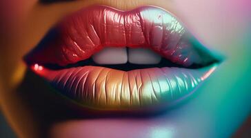 de cerca de hembra labios con pastel de colores Encendiendo. generativo ai foto