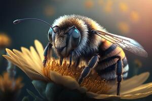 Close-up honey bee sits on a flower and collects nectar. photo