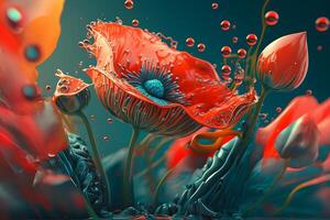 Close-up bright red poppy isolated with water drops on dark background. Artwork of decorative flowers for Remembrance Day. photo