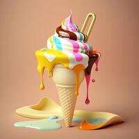 Melting ice cream cone with sweet yellow topping isolated on a clean background. photo