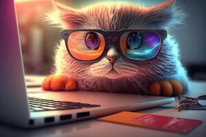 Close-up of a cute cat with glasses at a desk with a laptop. photo