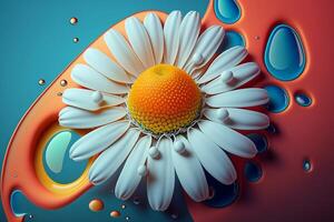 Beautiful close-up 3d realistic camomile with paint drops. photo