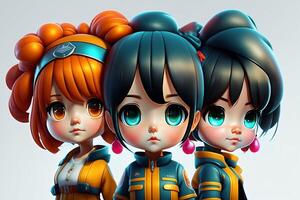 Three cute Anime Chibi Style teenager girls isolated on clean background. Children Day. photo