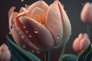 Close-up of a beautiful pastel spring tulip with a water drop. photo