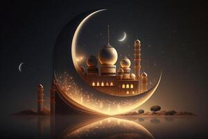 3d Crescent with mosque for Islamic holiday. photo