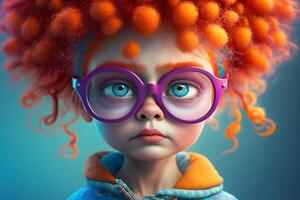 Portrait of cute cartoon redhead girl with big glasses isolated on clean background. Children Day. Avatar. photo