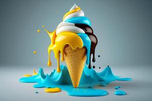 Melting ice cream cone with sweet yellow and blue caramel isolated on a clean background. photo