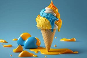 Melting ice cream cone with sweet yellow and blue caramel isolated on a clean background. photo