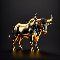 Black and gold crypto bull statuette isolated on a black background. Symbol of financial growth in a technological style. photo