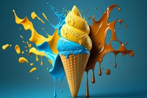 Ice cream cone with a sweet splash of chocolate yellow and blue topping isolated on a clean background. photo