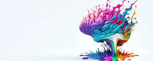 Virtual brain with splash paint isolated on white banner. Brainstorm concept. Place for text. photo