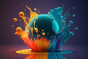 A glass ball with splashes of blue and yellow paint. photo