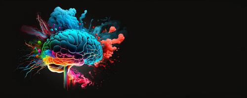 Virtual brain with bright explosion isolated on black banner. Brainstorm concept. Place for text. photo